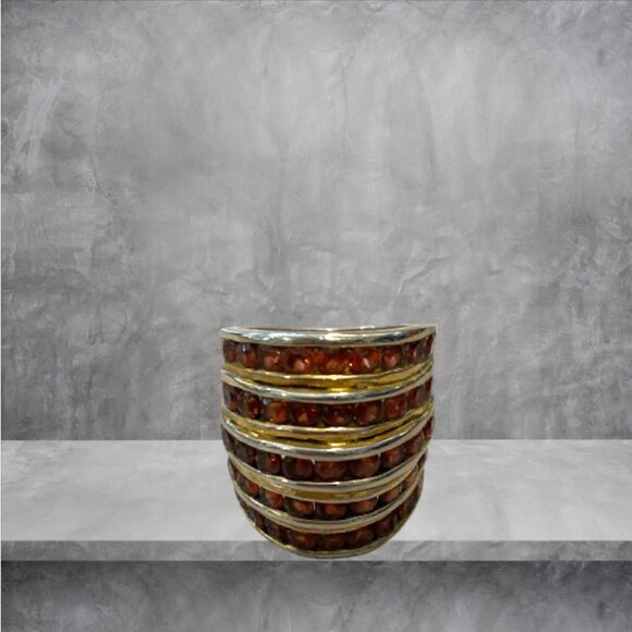 Gold Toned Ruby Ring, Alternating Bands of Metal with Rows of "Rubies" (Faux) - Picture 4 of 5